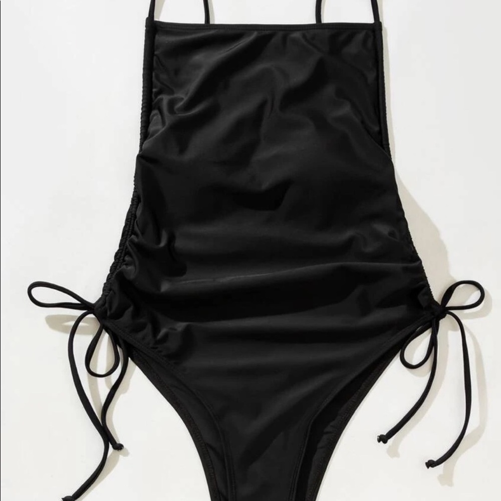 Shein drawstring black one piece bathing suit